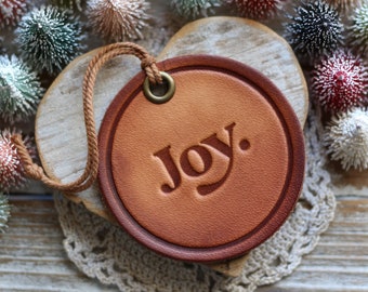 leather hand-stamped ornament - Joy