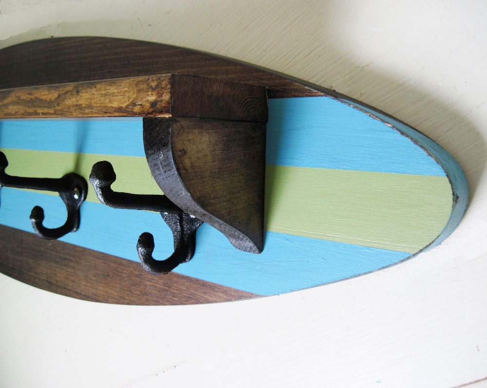 Surfboard Shelf Coat Rack in Dark StainTurquoise and Green Etsy