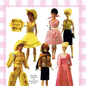May include: A collection of six fashion dolls displaying various outfits including a yellow fringe western set, a pink and white gingham dress, a yellow top with a black skirt, a brown hooded jacket with a black skirt, and a long pink gown with a coat.