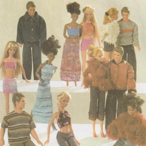 May include: A collection of fashion dolls, each dressed in various outfits. The dolls include both male and female figures, wearing clothing such as denim jackets, skirts, tops, and pants. The dolls are posed in a casual arrangement.