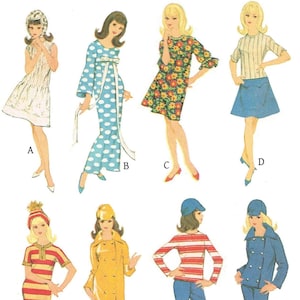 May include: Vintage McCall's pattern for Francie doll's instant wardrobe. The pattern features eight different outfits, including dresses, a coat, and pantsuits. The outfits are in various colors and patterns, with a retro 1960s style. The pattern is for a one size 11 1/4" doll.