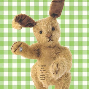 Può includere: Un coniglio di peluche color marrone chiaro con orecchie lunghe, di cui una ripiegata, e occhi scuri. Un piccolo ciondolo a forma di koala argentato è attaccato alla zampa destra. Il testo "Compiled and Digitised by Aussie Sewing & Craft" è sul busto.