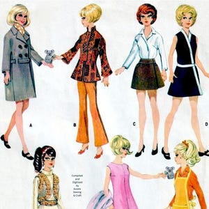 May include: Illustration of seven dolls in 1960s fashion. The dolls are wearing a grey coat, patterned jacket and orange trousers, a white shirt and brown skirt, a black dress with white trim, a long white dress with a vest, a pink dress, and an orange shirt with a yellow apron and white trousers.