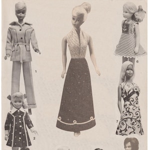 May include: Vintage fashion dolls in various outfits. The dolls are dressed in 1960s and 1970s style clothing, including a belted pantsuit, a long skirt and top, a polka dot coat, and patterned dresses. The image is a vintage advertisement.