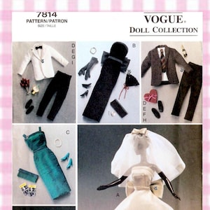 Könnte beinhalten: Vogue Doll Collection Schnittmuster 7814 für Puppenkleidung. Enthält einen weißen Smoking, ein schwarzes Abendkleid, einen Tweed-Anzug, ein blaugrünes Etuikleid und ein weißes Brautkleid mit Schleier, jeweils dargestellt mit verschiedenen Accessoires.