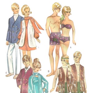 May include: Illustration of vintage paper dolls in various outfits. The outfits include a blue striped blazer, a red dress with a white coat, swimwear, a burgundy suit, a turquoise pantsuit, and a brown vest with green pants. The image has a retro aesthetic.