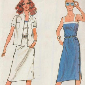 May include: Illustration of two women in vintage outfits. One is in a white button-down shirt and skirt. The other wears a blue dress with white trim and buttons. Both are wearing heels, a classic 1970s style.