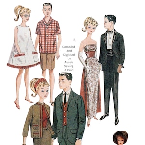 Puede incluir: Ilustración vintage de muñecas de papel con varios atuendos. La imagen presenta figuras con vestidos, trajes y ropa formal. El texto "Compiled and Digitised by Aussie Sewing & Craft" es visible.