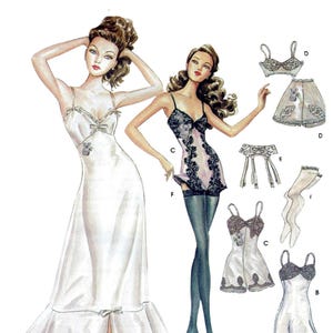 May include: A sewing pattern illustration featuring various lingerie designs including a long white gown, a camisole, briefs, stockings, and a garter belt, all accented with lace and small koala motifs. Text reads: Compiled and Digitised by Aussie Sewing & Craft.