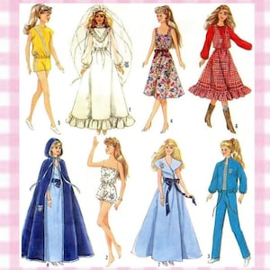 May include: A sewing pattern illustration featuring eight outfits for dolls, including a yellow shorts set, a white wedding gown with a veil, a floral print dress, a red plaid dress, a blue hooded cape, a floral romper, a blue gown, and a blue tracksuit.