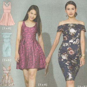 Op de afbeelding: Twee vrouwen presenteren jurken, met illustraties van jurkpatronen. De jurken omvatten een roze skaterjurk, een marineblauwe off-the-shoulder bloemenjurk en een rode spaghettibandjurk. De tekst "Create it!" is ook zichtbaar.