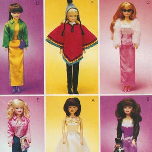 May include: A selection of fashion dolls, each in a different outfit. One doll is in a yellow skirt and green jacket, another in a red poncho and beanie, and another in a pink dress with a white fur jacket.
