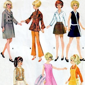 May include: Illustration of seven dolls in various 1960s outfits. The outfits include a gray coat, patterned top with orange pants, a white shirt and brown skirt, a navy dress, a long white dress with a vest, a pink dress, and an orange shirt with a yellow apron and white pants.