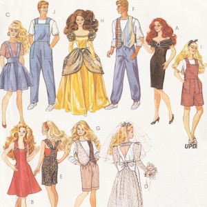 以下が含まれることがあります： さまざまな衣装を着たファッション人形のイラスト。人形は、ドレス、オーバーオール、ウェディングドレスなど、さまざまなスタイルで描かれています。カラーパレットには、赤、青、黄、黒が含まれています。