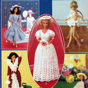 May include: A collection of crochet doll outfits. The dolls are wearing a variety of handmade outfits, including a wedding dress, a long red coat with white trim, a blue dress with a matching purse, and a yellow and purple outfit. The dolls are posed in different settings.
