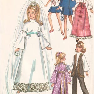 May include: Vintage sewing pattern featuring fashion illustrations of women's clothing. Includes a bridal gown with a veil, a purple dotted dress, a blue cape and skirt ensemble, and a red and white checkered skirt.