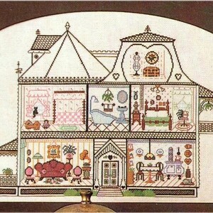 May include: A cross-stitch pattern of a detailed dollhouse with multiple rooms. The house features a detailed facade, with each room showcasing furniture and decor. The color palette includes shades of pink, brown, and green, creating a cozy, vintage aesthetic.