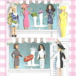 May include: A collection of fashion dolls and miniature hats displayed in two rows. The dolls wear various outfits including dresses, suits, and hats. Each item is labeled with letters. The text "Compiled and Digitized by Aussie Sewing & Craft" is visible.