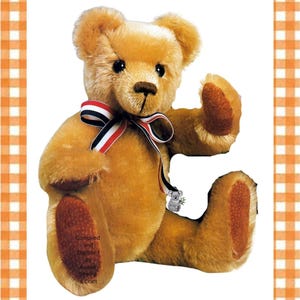 May include: A golden-brown plush teddy bear with dark eyes and a brown nose, wearing a striped ribbon in red, white, and black around its neck. A small koala charm hangs from the ribbon. The text Compiled and Digitised by Aussie Sewing & Craft.