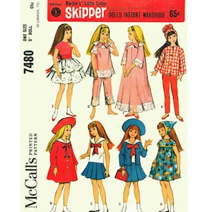 May include: A vintage sewing pattern for Barbie's Little Sister Skipper dolls. The pattern includes six different outfits, including a red coat, a blue skirt and top, a pink nightgown, and a red and white gingham dress. The pattern is from McCall's and is dated circa 1964.