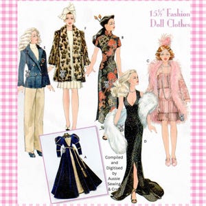 Puede incluir: Una hoja de patrón de costura para ropa de muñeca de moda de 39,37 cm con ilustraciones de cinco conjuntos: blazer y pantalones, abrigo de leopardo, cheongsam floral, vestido de noche negro con estola de piel blanca y vestido flapper rosa.