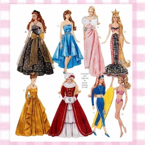 May include: A collection of fashion illustrations featuring seven dolls in various outfits, including gowns, a mermaid-style dress, a winter coat, and swimwear. The text "Compiled and Digitised by Aussie Sewing & Craft" is printed in the center.