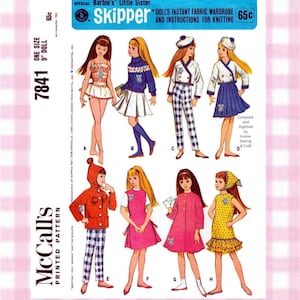 May include: A McCall's printed pattern envelope for a 9-inch Skipper doll, featuring illustrations of eight different outfits labeled A through H. The blue header displays the text Official Barbie's Little Sister Skipper Doll's Instant Fabric Wardrobe and Instructions for Knitting, with the pattern number 7841 printed on the side.