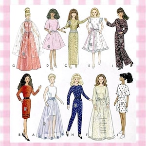 May include: A sewing pattern illustration featuring ten figures wearing various outfits including gowns, dresses, and jumpsuits labelled G, D, C, E, I, B, A, H, F, and J. The text Compiled and Digitised by Aussie Sewing & Craft is visible on figure F.