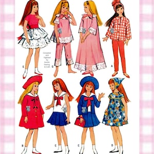 Puede incluir: Una ilustración de patrón de costura con ocho muñecas que visten diversos atuendos, incluyendo vestidos, pijamas y chaquetas. El texto Compiled and Digitised by Aussie Sewing & Craft es visible. Cada muñeca está marcada con una letra de la A a la G.