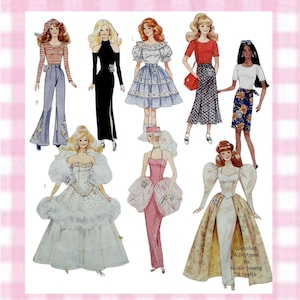 Könnte beinhalten: Eine Sammlung von Modeillustrationen mit acht Puppen in verschiedenen Outfits, darunter ein gestreiftes Oberteil mit Schlaghose, ein schwarzes Kleid, ein Rüschenkleid, ein rotes Oberteil mit gemustertem Rock, ein Blumenrock und drei Abendkleider.