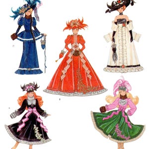 Pode incluir: Ilustração de cinco vestidos vintage com designs únicos. Os vestidos apresentam várias cores, incluindo azul, vermelho, preto, branco e rosa, com chapéus e acessórios elaborados. Os vestidos lembram a moda histórica.
