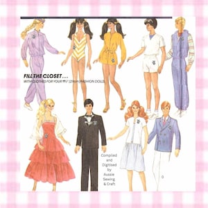 May include: A sewing pattern illustration titled FILL THE CLOSET... WITH CLOTHES FOR YOUR 11 1/2" (29cm) FASHION DOLLS. The image displays nine figures wearing various outfits including tracksuits, a swimsuit, a formal gown, a tuxedo, and casual attire.