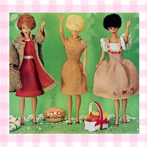 PDF Barbie Midge Fashion Dolls Dress, Coat, Peasant Dress 60s Vintage Knitting Pattern
