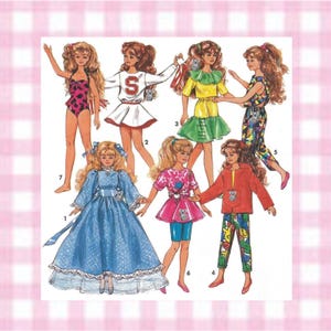 May include: A sewing pattern illustration featuring seven dolls with long blonde hair wearing various outfits including a blue gown, a cheerleader uniform, a yellow dress, a red hoodie with patterned trousers, and a pink star-print top with blue shorts.