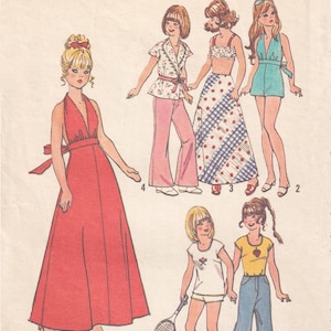 May include: Simplicity pattern 6697 featuring illustrations of six different outfits. The outfits include a red halter dress, a floral top and pink pants, a crop top and patterned skirt, a teal romper, a white t-shirt and shorts, and a yellow top and jeans.