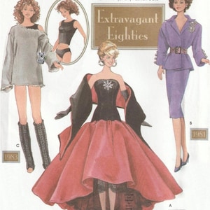 May include: Illustration of fashion dolls in 1980s attire. The image features dolls in various outfits, including a gray oversized sweater, a black top and skirt, and a purple suit. The text "Extravagant Eighties" is displayed.