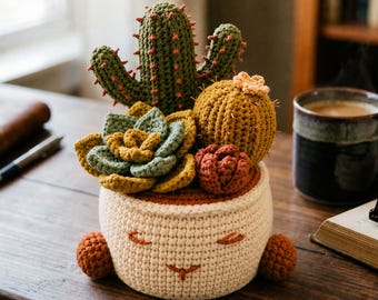 Handgemaakt gehaakt arrangement van vetplant en cactus in pot in betonstijl, nepbureauplant, gezellig kantoordecor, uniek vaderdagcadeau voor mannen