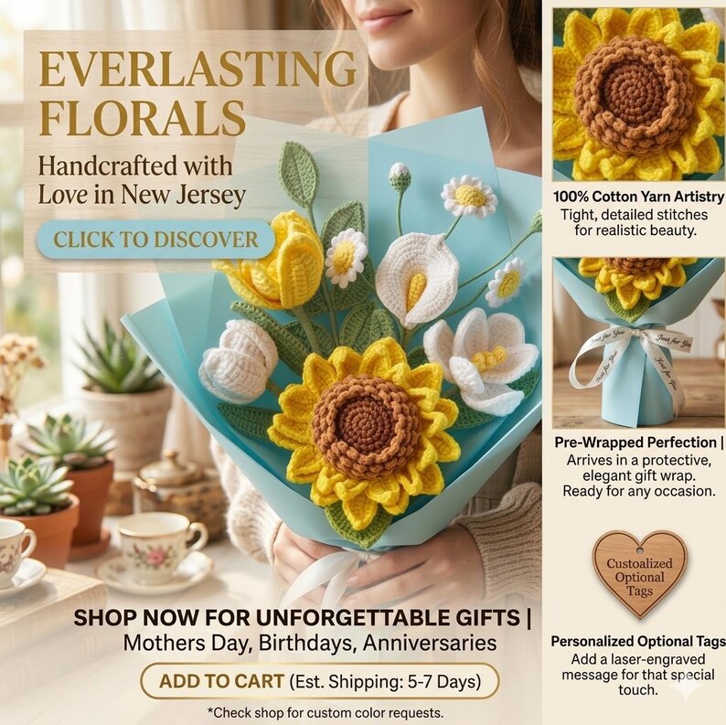 May include: A handmade crochet flower bouquet in yellow, white, and brown, presented in blue wrapping. The bouquet features sunflowers, tulips, and daisies. Text reads "EVERLASTING FLORALS" and "Handcrafted with Love in New Jersey."