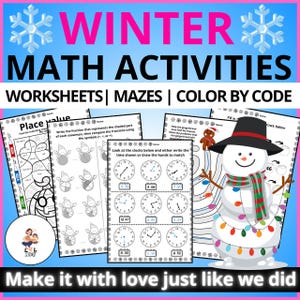 Może przedstawiać: Zestaw zimowych arkuszy matematycznych zatytułowanych "WINTER MATH ACTIVITIES". Arkusze zawierają labirynty, działania typu koloruj według kodu i ćwiczenia z odczytywania zegara. Zawiera ilustrację bałwana.