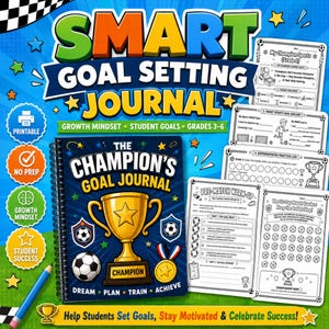 May include: A spiral-bound Smart Goal Setting Journal for students in grades 3-6, featuring a dark blue cover with a gold trophy, soccer balls, and the text The Champion's Goal Journal. Includes printable pages with goal-setting templates.