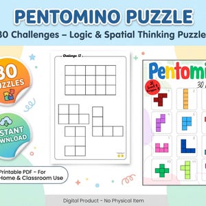 Op de afbeelding: Een digitale download met een Pentomino-puzzel met 30 uitdagingen. De afbeelding toont puzzelvoorbeelden, een uitdagingsraster en de tekst "Direct downloaden" en "Afdrukbare PDF". Geschikt voor thuis en in de klas.
