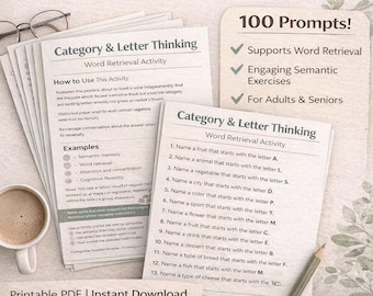 Activité cognitive de recherche de mots | Jeu de réflexion par catégories et lettres | Téléchargement numérique PDF imprimable | Activité sur la démence | Jeux de réflexion |