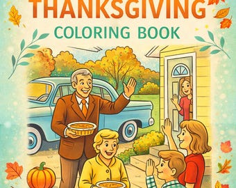 Coloriages de Thanksgiving pour adultes | Art vintage rétro Mid-Century pour les fêtes d'automne | PDF imprimable en noir et blanc