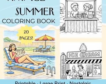 livre de coloriage d'été vintage pour adultes et personnes âgées | Téléchargement numérique | Nostalgie rétro des années 50 à imprimer | Pages faciles à imprimer en gros caractères