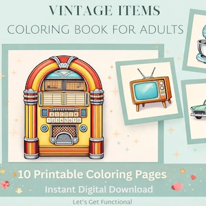 Mid-Century Americana Coloring Book |Vintage 1950s Nostalgia Coloring Pages | Retro Objects Adult Coloring Book | Black and White Printable