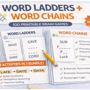 Op de afbeelding: Een afdrukbare hersenspelbundel met "Word Ladders" en "Word Chains". De afbeelding toont voorbeelden van puzzels met invulwoordspellen. Een gele potlood ligt op de pagina's. De tekst bevat "100 afdrukbare hersenspellen" en "2 activiteiten in 1 bundel!"