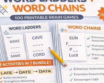 Lot d'échelles de mots et de chaînes de mots composés | 100 jeux de réflexion à imprimer | Thérapie cognitive, Fonction exécutive, Activités pour seniors, Atelier d'ergothérapie