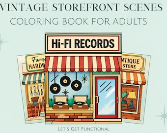 livre de coloriage vintage Storefront pour adultes et personnes âgées | Extérieurs de boutique rétro Mid-Century des années 50 | PDF imprimable