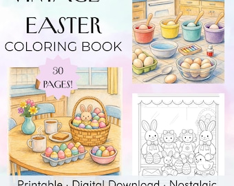 livre de coloriage de Pâques vintage pour adultes et personnes âgées | Pages de Pâques rétro des années 50 | Coloriage facile en gros caractères | PDF imprimable du printemps nostalgique