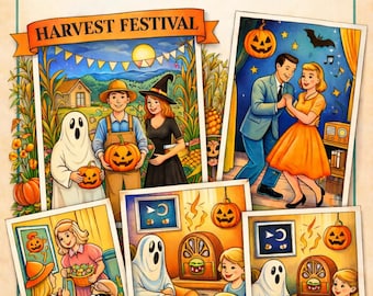 Coloriages d'Halloween vintage pour adultes | Art nostalgique rétro Mid-Century des années 1940-1960 | PDF imprimable